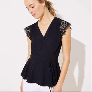 NWT LOFT Black Lace Flutter Sleeve Wrap Blouse Size M
